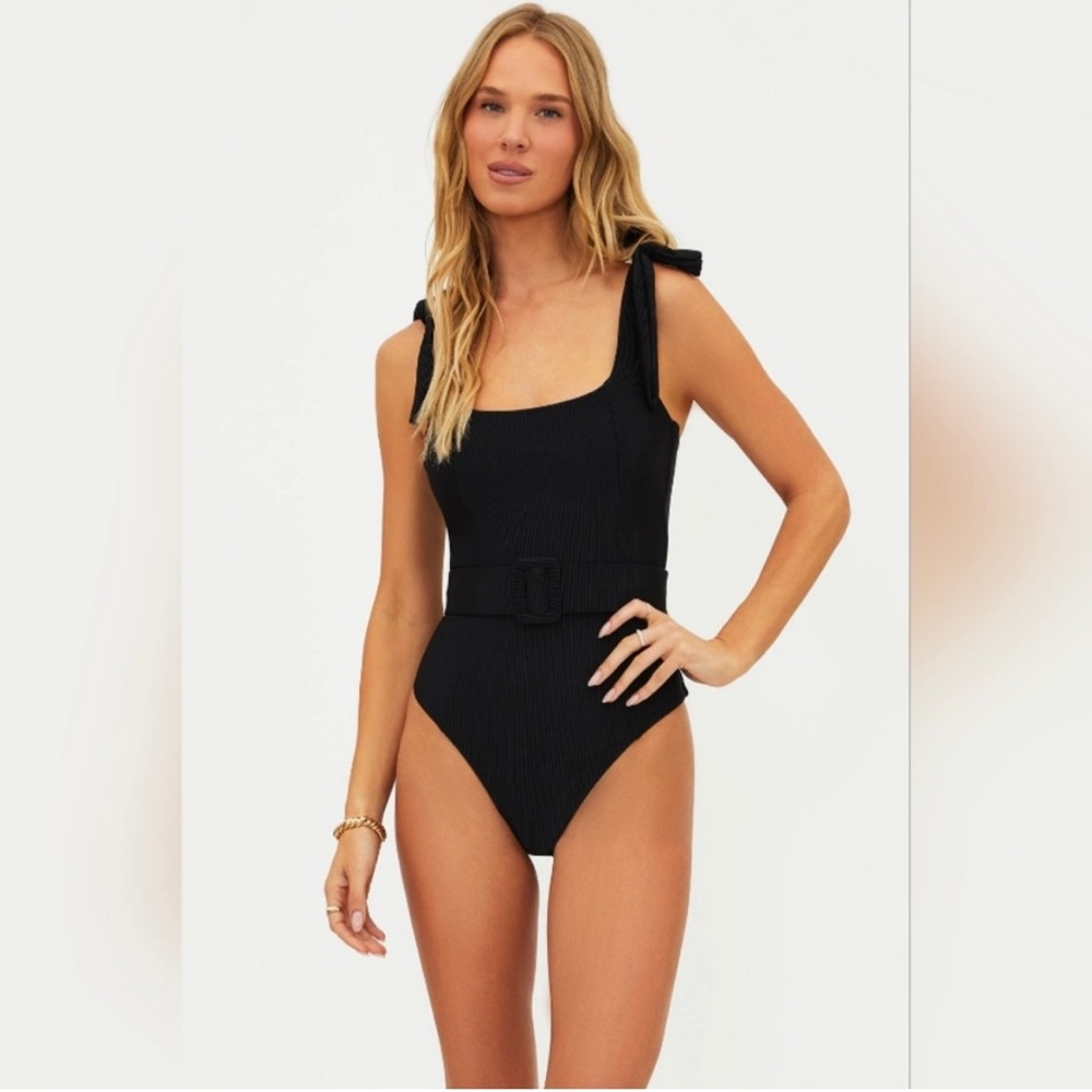 Beach Riot Sydney Black Ribbed Bow Straps One Piece Swimsuit NO BELT Like New